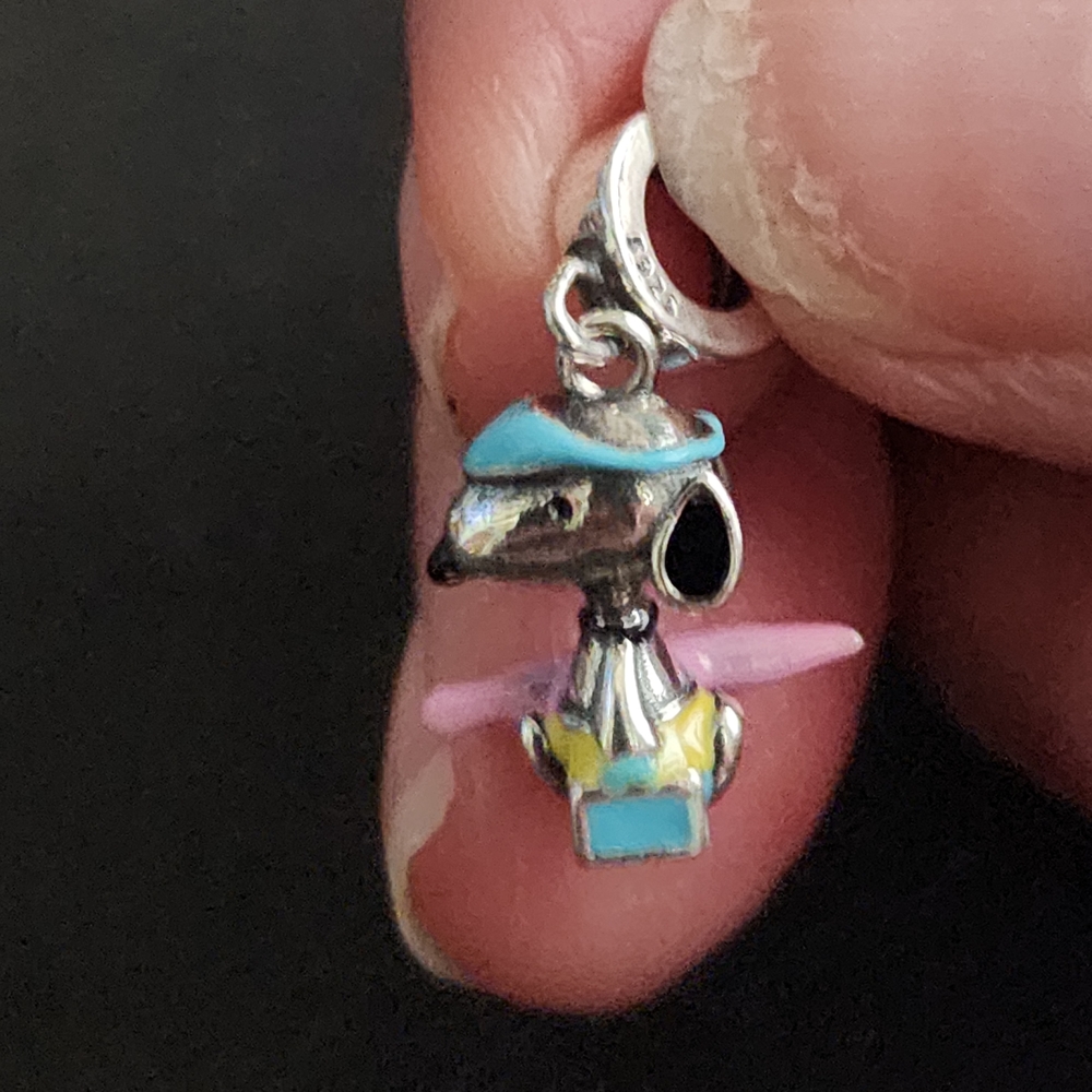 Silver Peanuts Snoopy Charactor Charm with Blue and Pink Accents